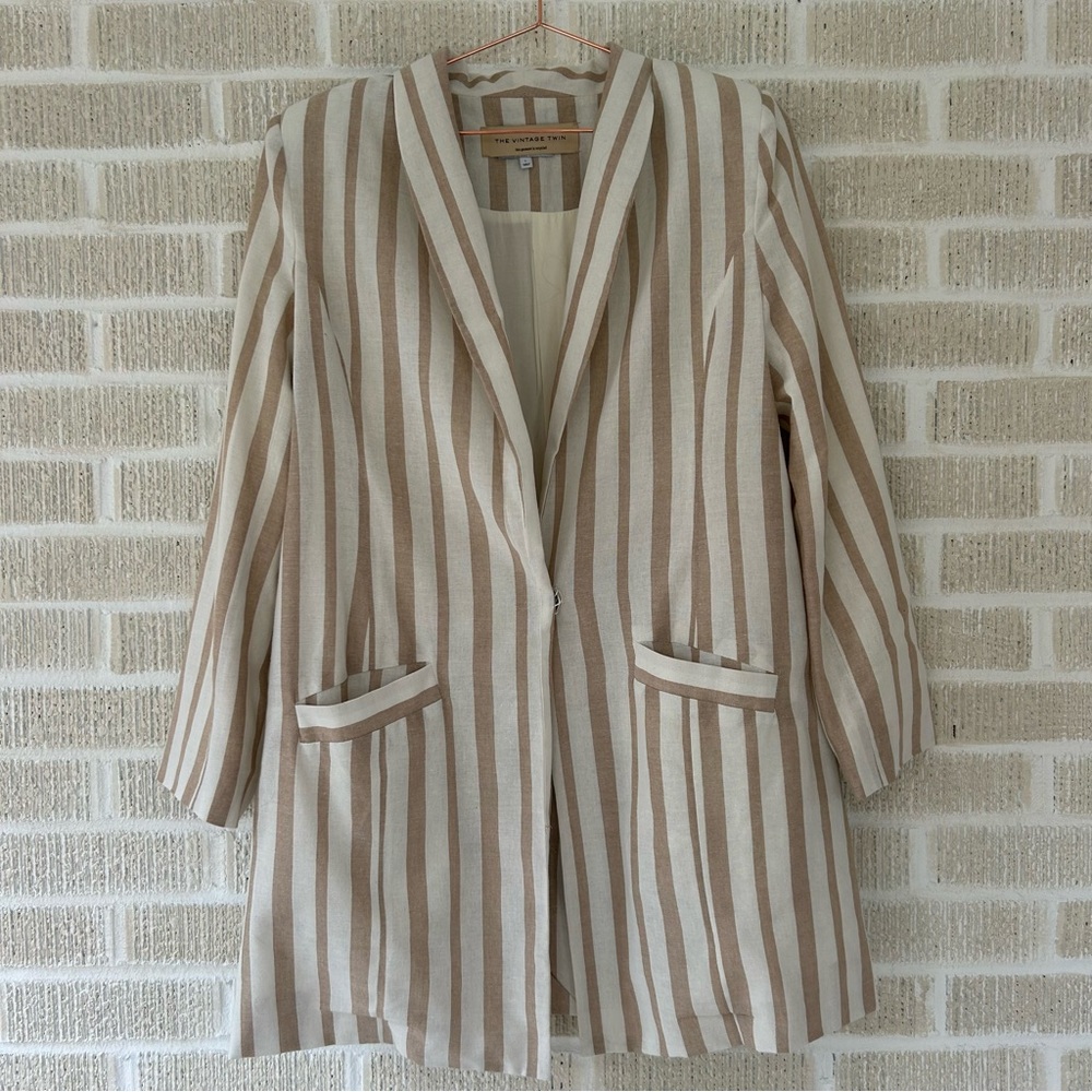 J.O.A Tan and Cream Striped Oversized Linen Blazer